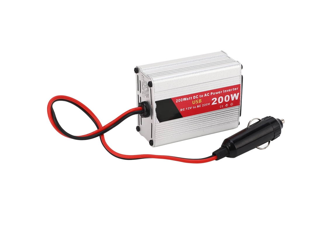 Inversor de corriente para coche de 200 W (CC 12 V a CA 220 V) con 2 puertos USB y 1 toma de CA.
