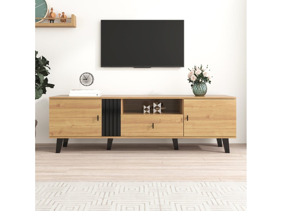 Mueble Tv 170 Cm - Estilo Elegante, Lowboard Con Cajones, Diseño Madera Natural Y Negro