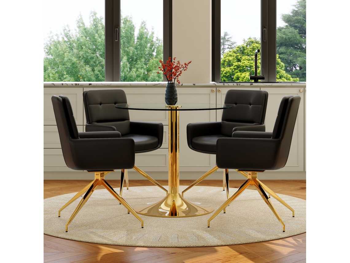 Conjunto de mesa y sillas de 85 cm: cristal templado + base metálica + 4 sillas giratorias de PU de 360° - negro/dorado/transparente