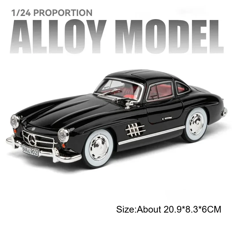 (300sl Negro) Coche miniatura 300sl a escala 1:24, con puertas que se abren, luces, efectos de sonido y función de absorción de impactos.