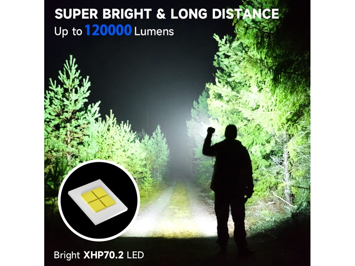 Linterna recargable High Lumen, 120000LM, 5 modos Linterna LED con zoom, negra YIZHOOD