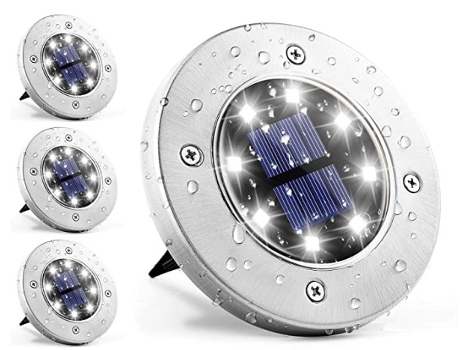 Paquete de 4 luces solares de suelo, 8 luces LED de disco con energía solar, iluminación de césped de paisaje impermeable para exteriores, para jar...
