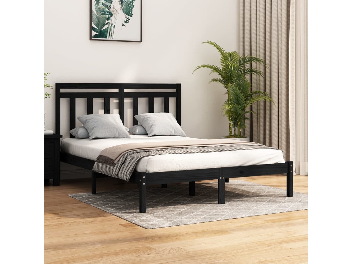 Estructura De Cama Madera Maciza Negra King Size 150x200 Cm