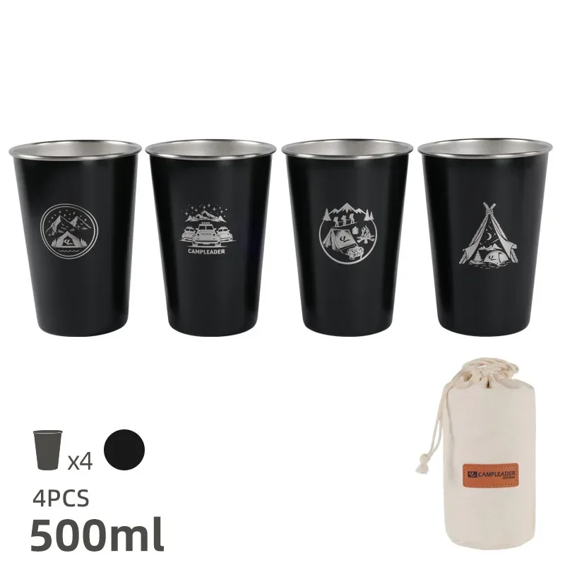 Taza De Acero Inoxidable 304 Para Camping Al Aire Libre (500 Ml, Negra) Con Bolsa De Almacenamiento.