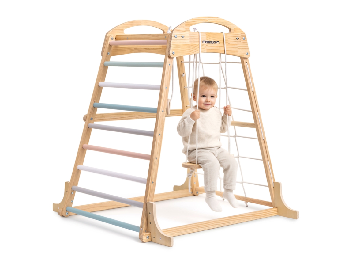 Zona De Juegos Interior De Madera Con Columpio, Anillas Y Red De Escalada Para Niños – Parque Infantil 3+ Años