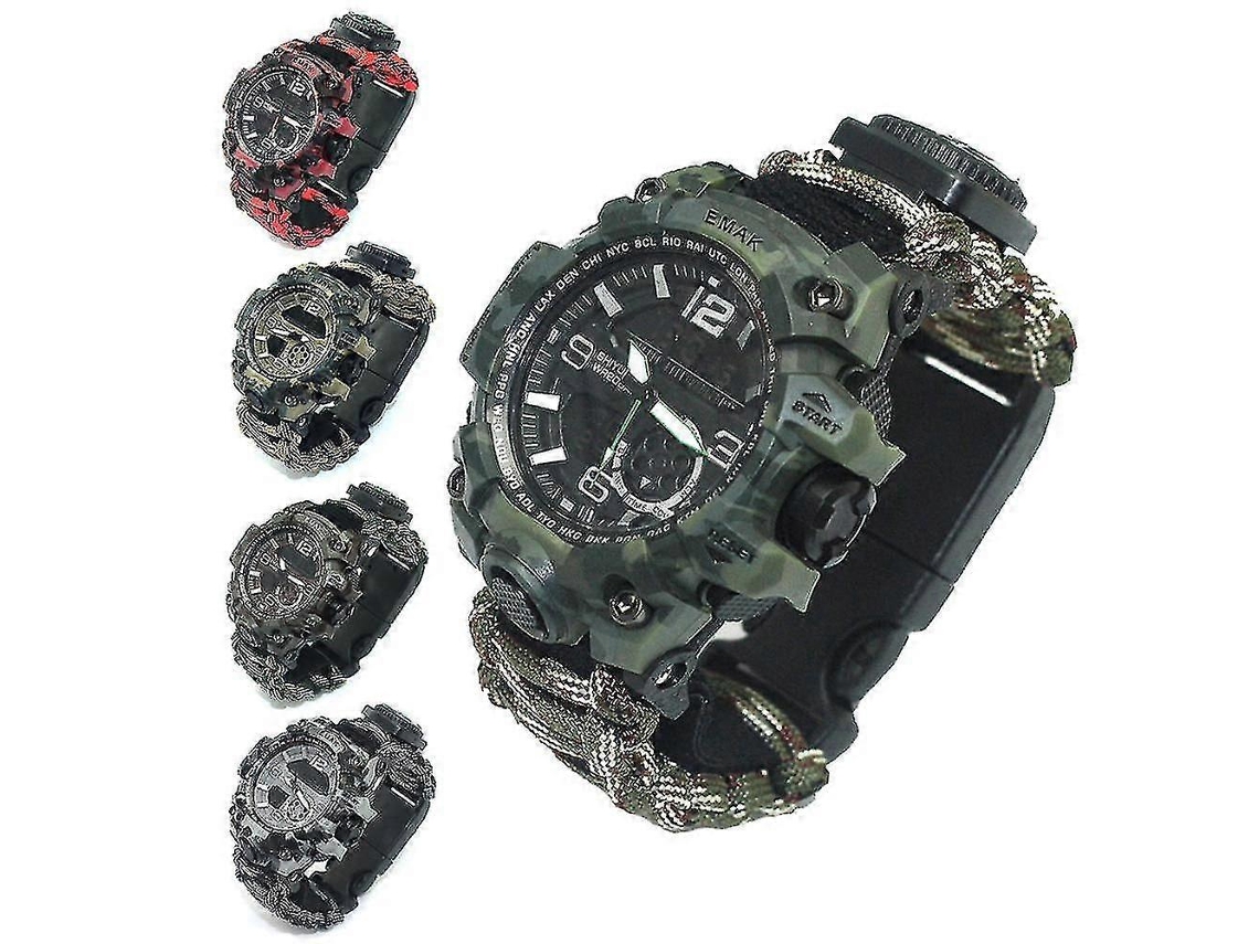 Reloj de pulsera táctico de supervivencia para exteriores 7 en 1 con brújula, raspador, silbato y herramientas de camping.