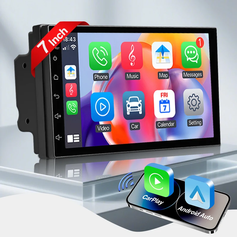 Autorradio de 7 pulgadas y doble DIN con CarPlay inalámbrico, Android Auto, pantalla táctil IPS y Bluetooth.