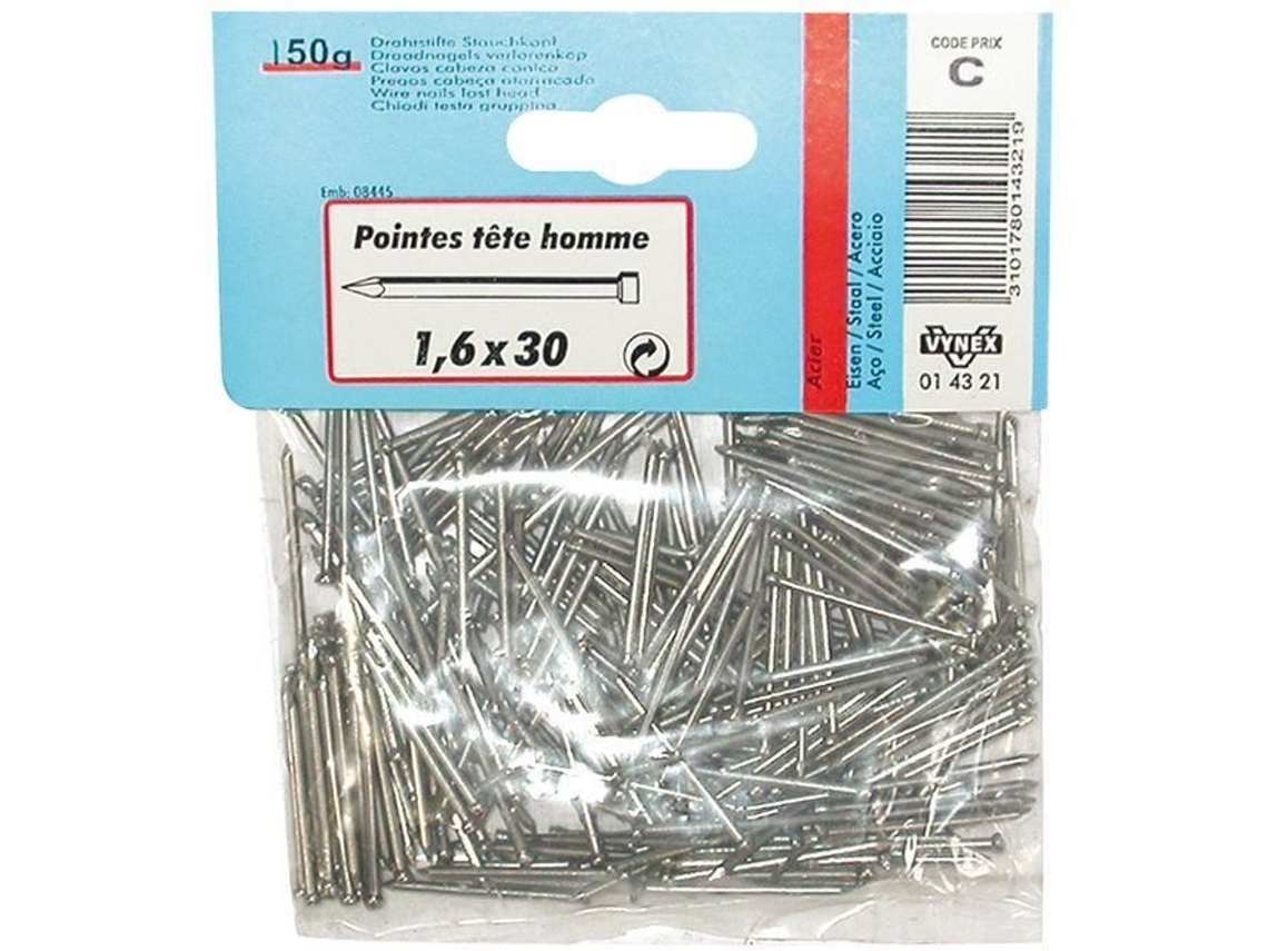 Espigones De Cabeza Masculino Vynex Acero Bruto 1,6x30 Mm Fijación En Madera