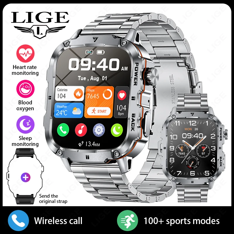 Reloj inteligente (plateado, correa de acero), resistente y duradero, resistente al agua IP68, 1,95 pulgadas, voz con IA, llamadas Bluetooth.