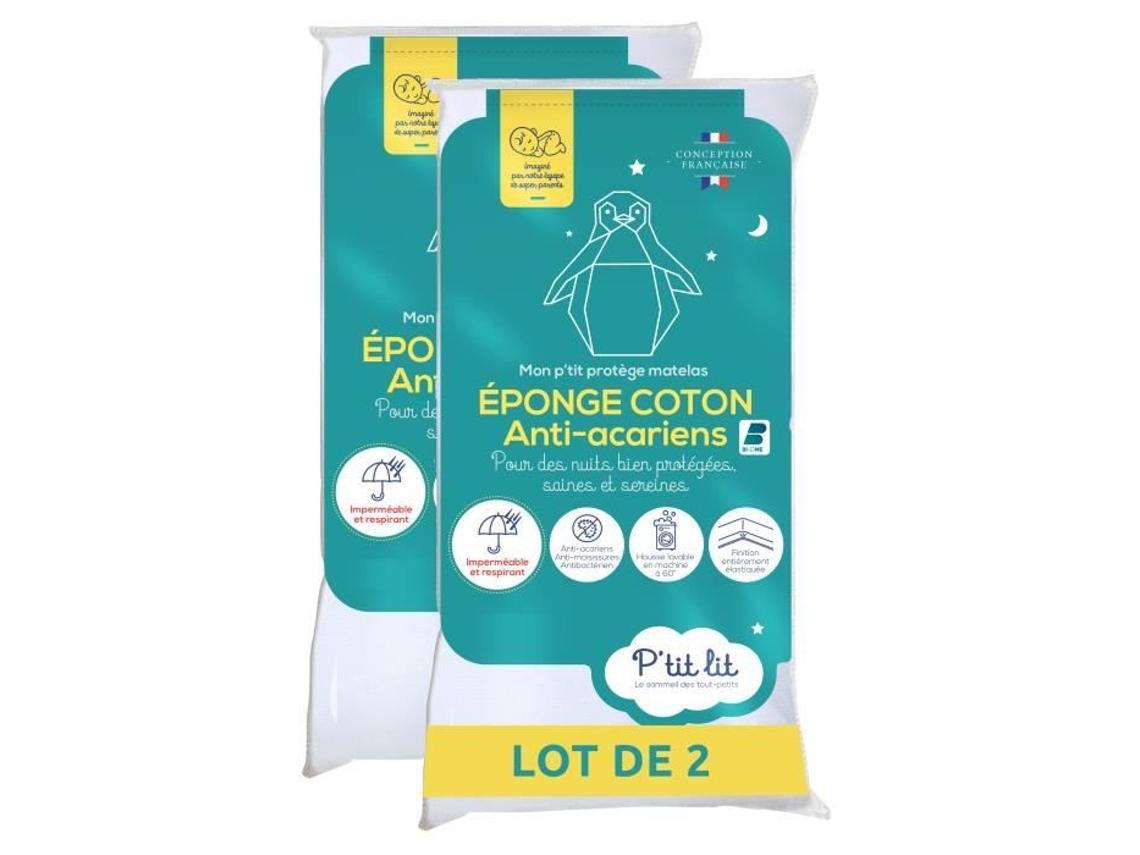 Juego de 2 protectores de colchón antiácaros para bebé de 60 x 120 cm, impermeables, funda de almohada Boucle 100 algodón absorbente Ptit Lit