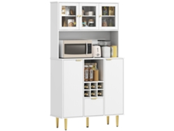 Mueble de cocina, auxiliar de cocina móvil, armario alto con 3 puertas de cristal, botellero, 100x40x180 cm, blanco