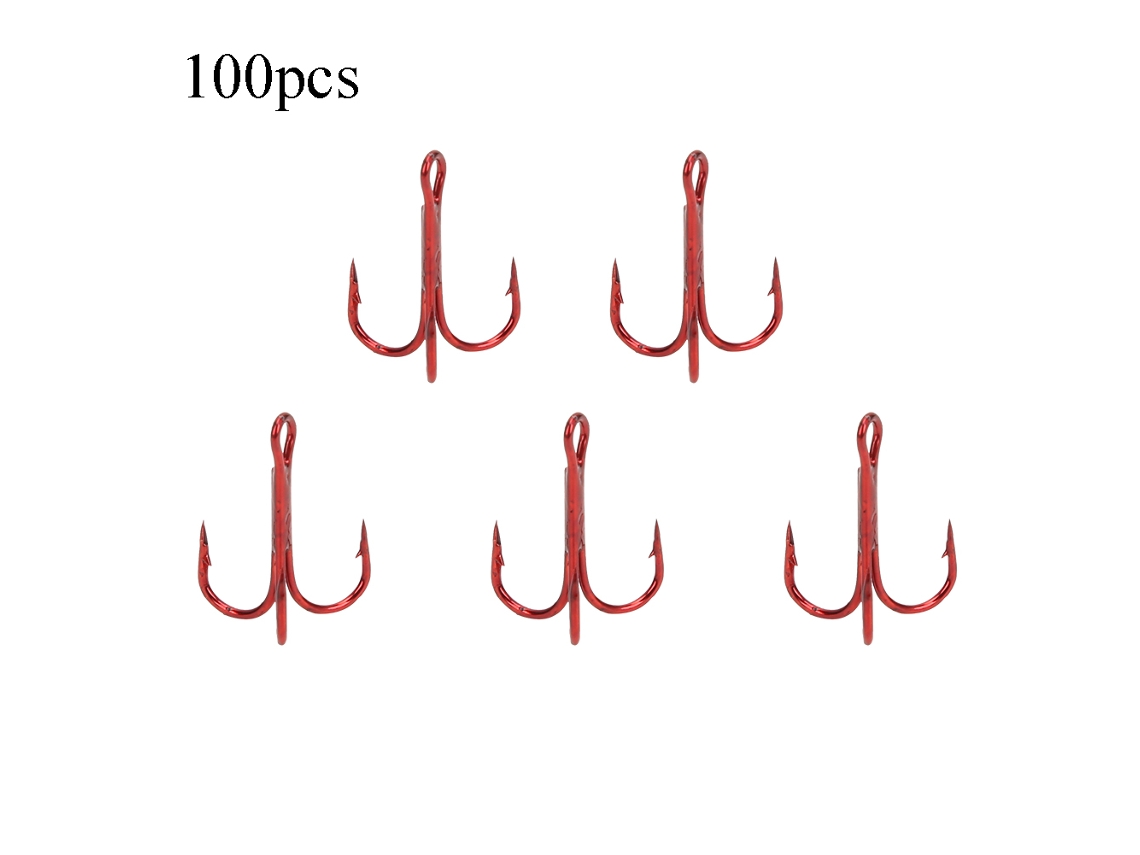 100 anzuelos triples rojos de acero al carbono 10