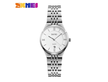 Relojes de pareja Relojes de acero inoxidable Relojes de pulsera con fecha de cuarzo para hombres y mujeres-Aguja plateada para mujer LUUCOZK