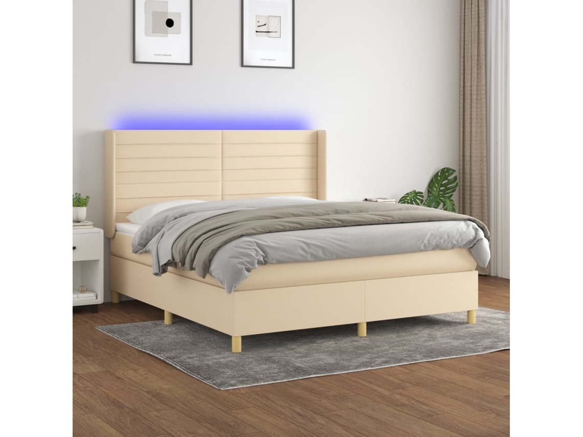 Cama Box Spring Colchón Y Luces Led Tela Crema 160x200 Cm