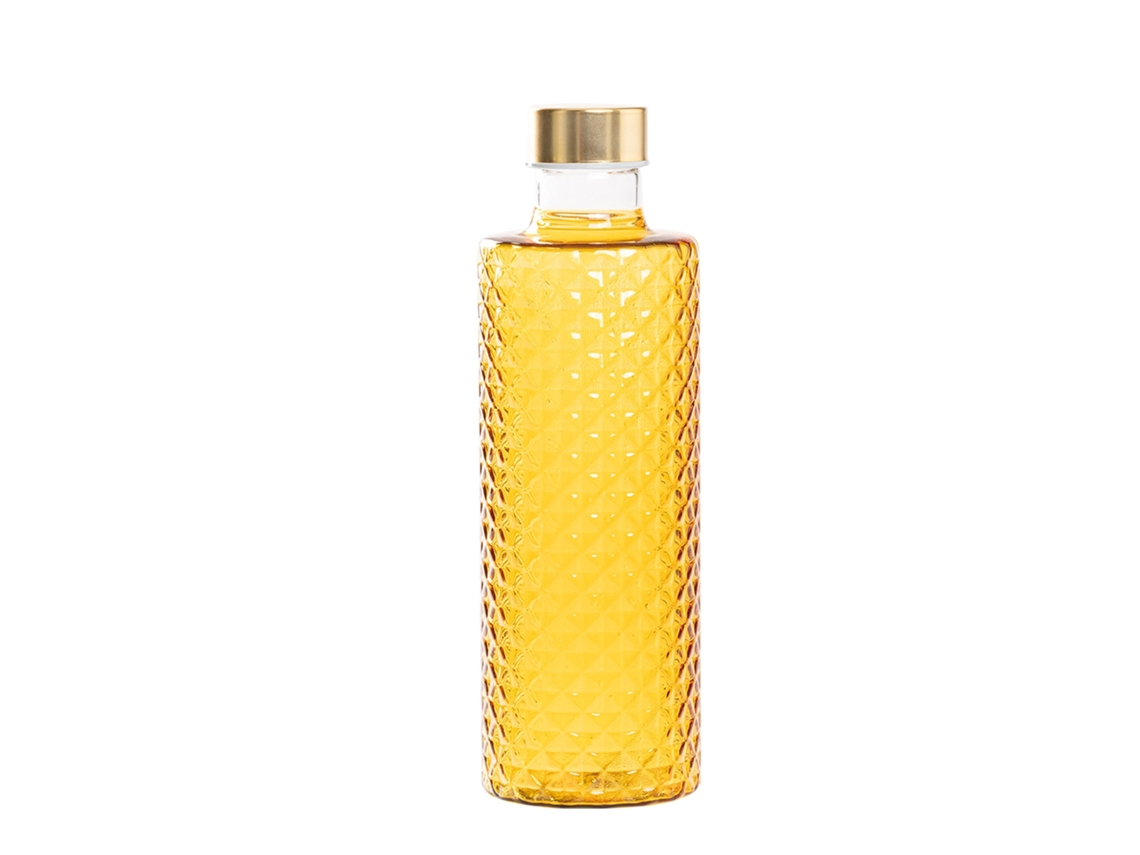 Elegante Botella Isolano De Vidrio Borosilicato Soplado A Mano Con Diseño Efecto Diamante En Oro Amarillo Y Tapones Dorados Y Plateados Satinados.