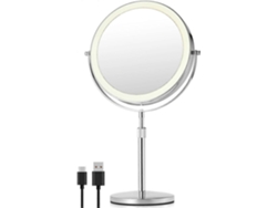 Rebe-espejo De Maquillaje Con Luz 10x, 20 Cm Doble Lado Sin Giro, Base Ajustable En Altura, 3 Modos De Luz Regulable