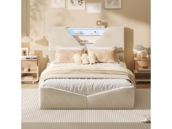 Cama De Matrimonio, 140x200 Cm, Tapizada Con Iluminación Led, Cabecero Con Almacenaje, Tejido De Terciopelo, Beige, Colchón No Incluido