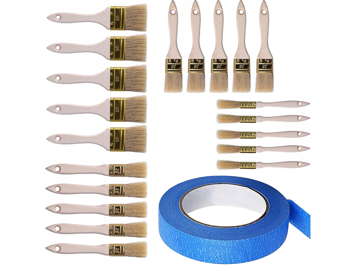 Juego de 20 pinceles + cinta azul de 40 mm/50 m – Cerdas naturales | Varios tamaños | Para pinturas al agua y al disolvente