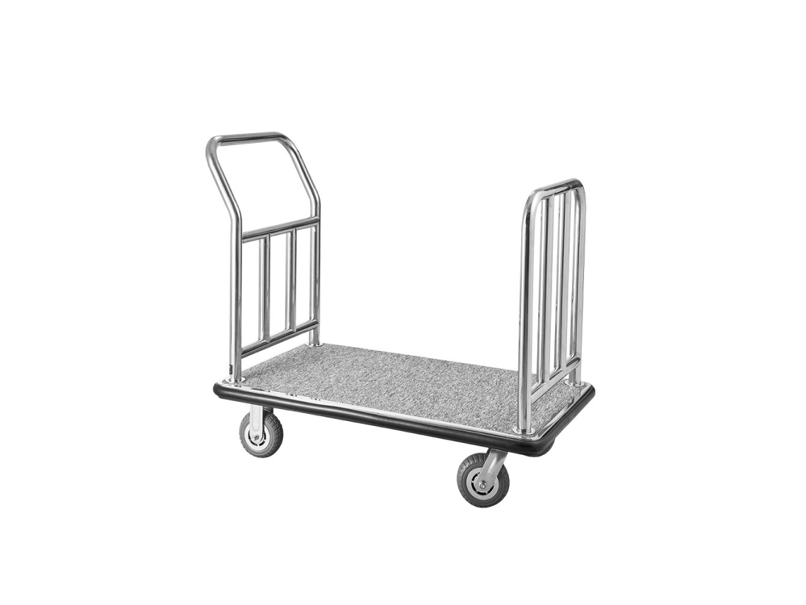 Carro de equipaje de hotel de 340 kg con estructura de acero inoxidable, 6 ruedas y plataforma giratoria Tekmaquinas