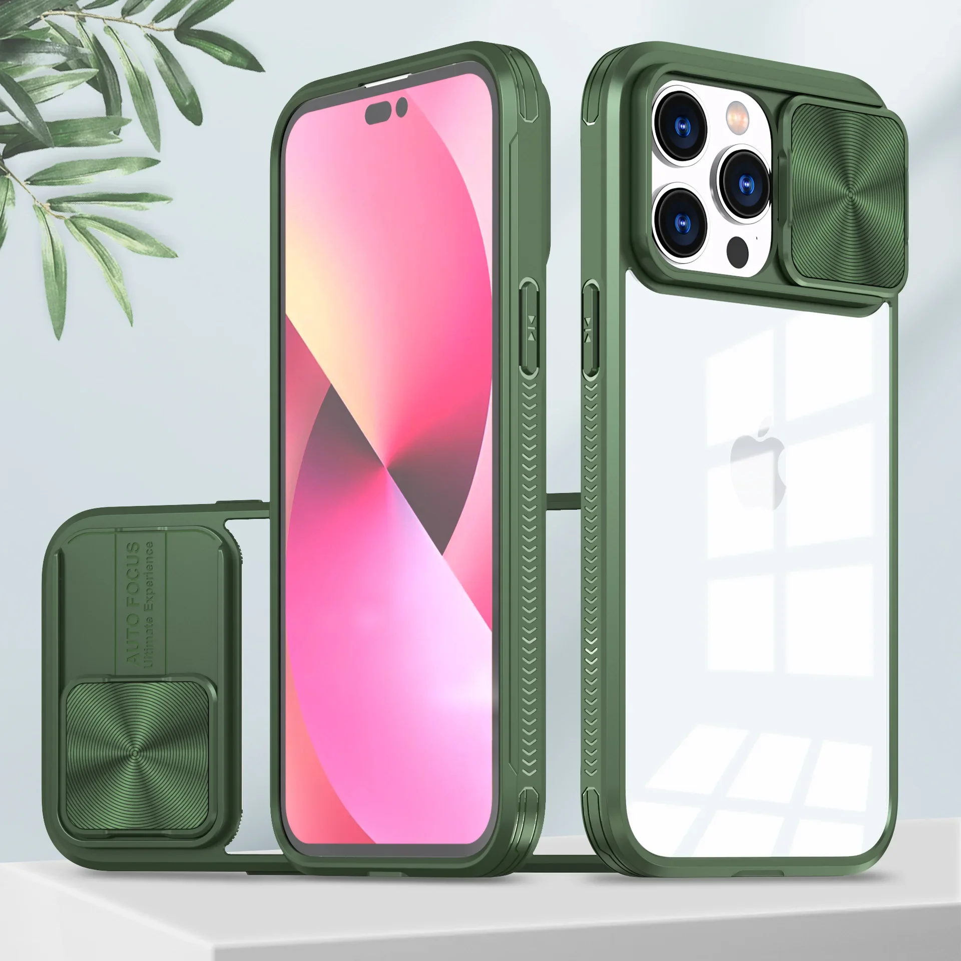 (iphone 15 Plus, Verde Oscuro) Funda Protectora Transparente Deslizante Para Cámara Con Marco Rígido Para Iphone