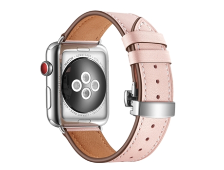 Correa de reloj de cuero genuino + hebilla de mariposa plateada para Apple Watch Series 7 45 mm / 6 y SE y 5 y 4 44 mm / 3 y 2 y 1 42 mm (rosa)