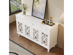 Aparador de 140x40x83cm - Con 4 puertas con espejo y 2 cajones - Estantes ajustables y tiradores de cristal - Blanco