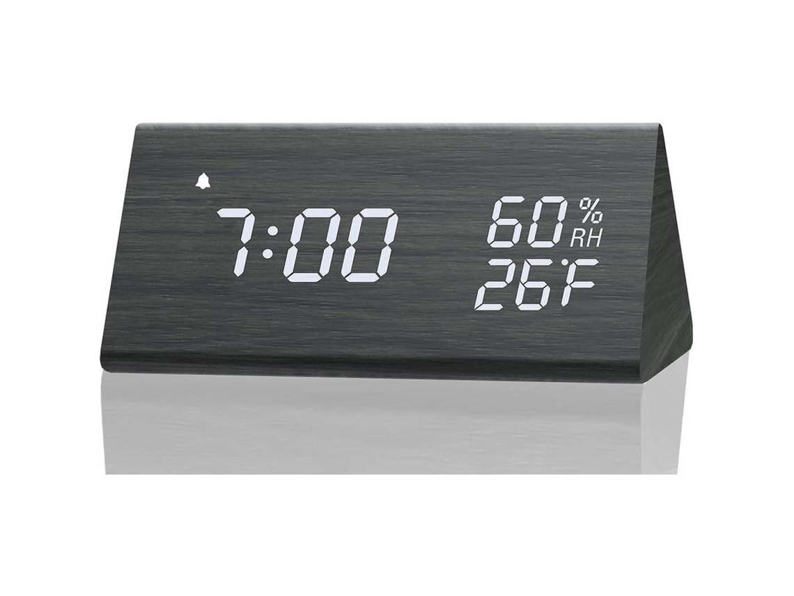 2026-reloj Despertador Digital Madera Con Led, 3 Alarmas, Temperaturay Humedad, Decoración Habitación Negro