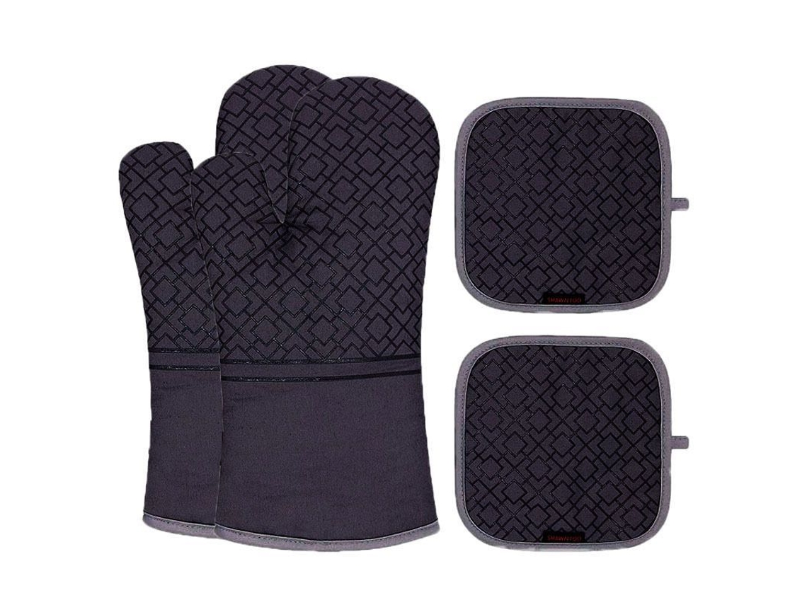 Guantes de horno resistentes al calor y juego de portavasos 572f, 4 piezas, silicona antideslizante para cocina y repostería - Negro