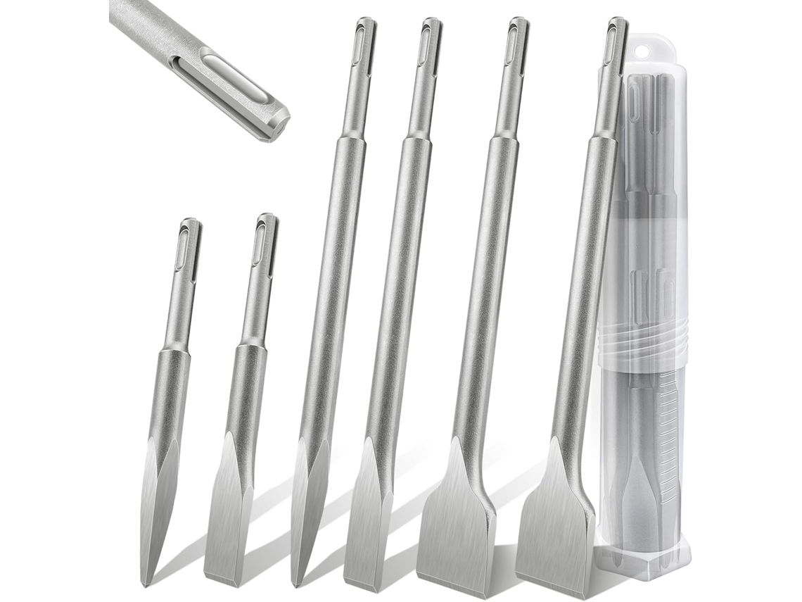 Juego de 6 cinceles SDS Plus para hormigón, baldosas y piedra, cincel plano HFD de 40 cr (para alicatadores, taladros de impacto y cinceles de impacto)