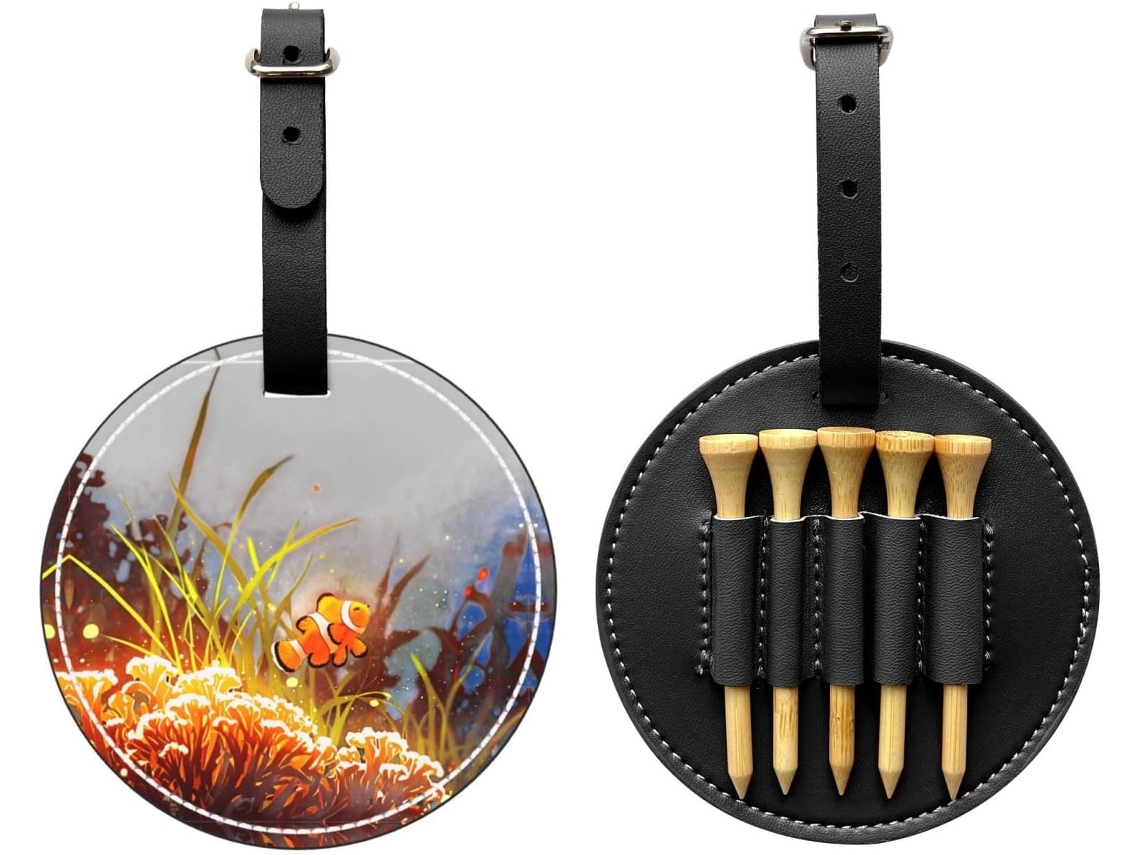 Bolsa de golf negra con estampado de pez payaso fluorescente, fácil de transportar y más.