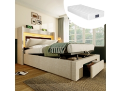 Cama individual 90x200 cm con suspensión hidráulica, almacenaje, cabecero con cajón, iluminación LED, puerto USB/USB-C, estructura de cama de madera, color beige, con colchón.