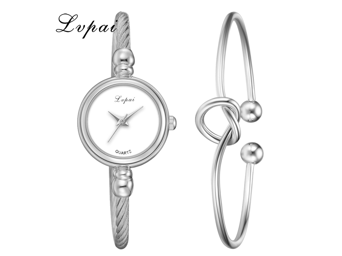 Conjunto De Reloj De Pulsera Casual Para Mujer Lvpai Con Brazalete De Aleación, Cuarzo Blanco Plateado