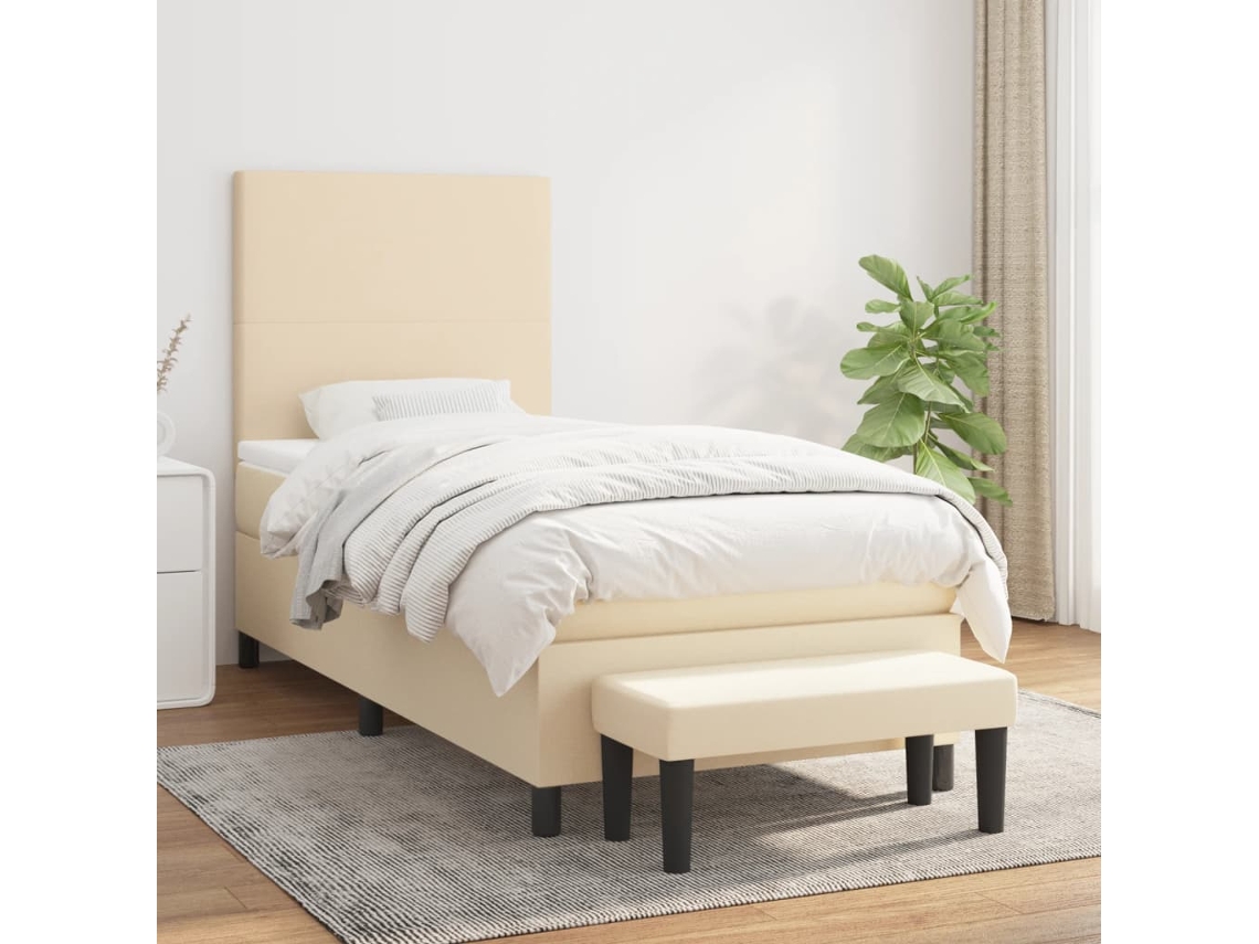 Cama Box Spring Con Colchón Tela Color Crema 90x190 Cm