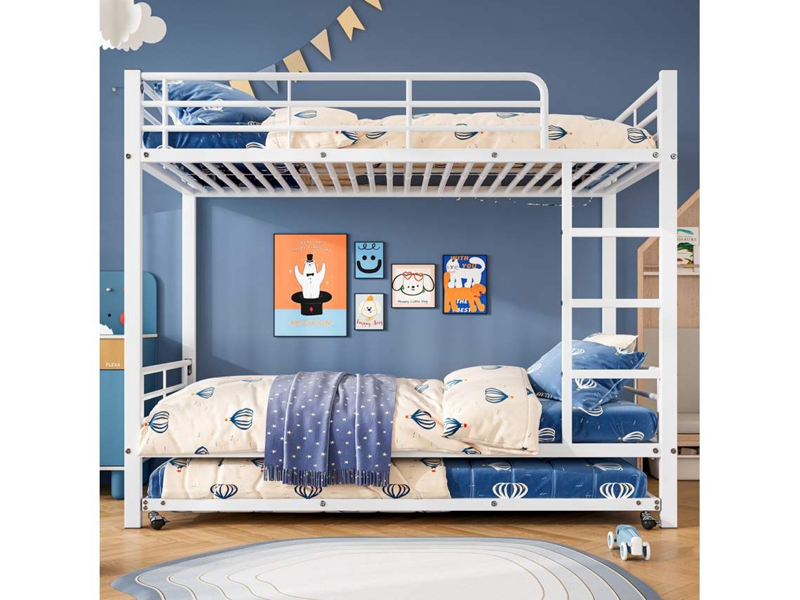 Beliche De Ferro Para Crianças E Adolescentes, Com Cama Auxiliar E 4 Grades Superiores, Branco, 90x200/90x190cm