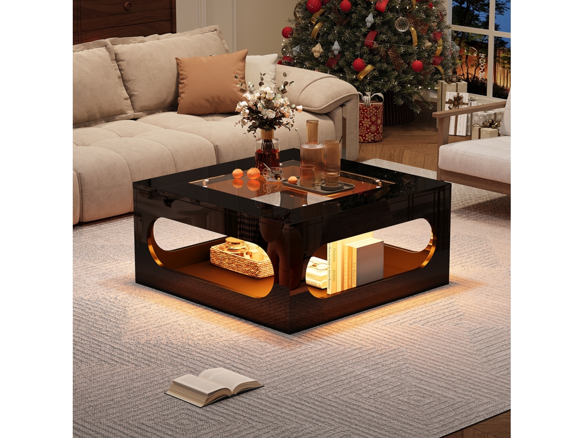 Mesa De Centro Cuadrada De 70x70x35 Cm Con Cristal Calado E Iluminación Led, De Mdf Negro.