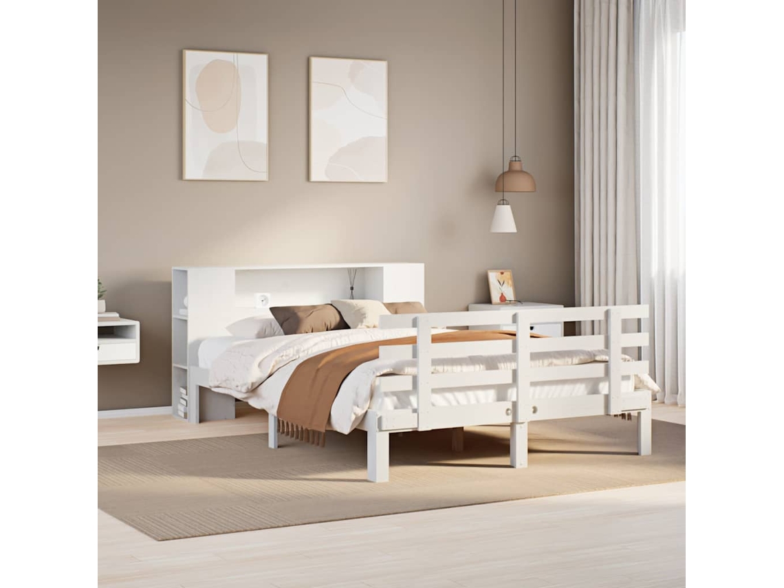 Cama Con Estantería Sin Colchón Madera Maciza Blanca 135x190 Cm