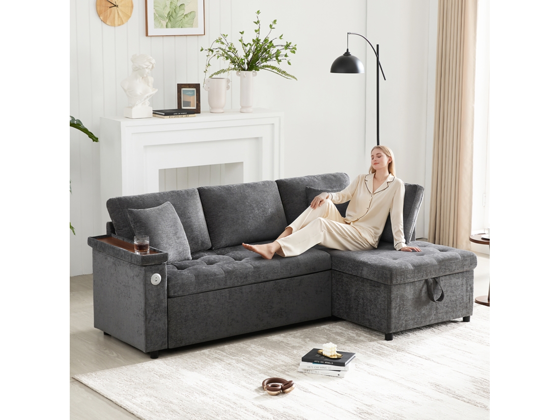 Sofá cama 3 plazas en forma de L, extensible, con almacenaje, cargador USB, reposabrazos y 2 cojines, gris, Mobrio.