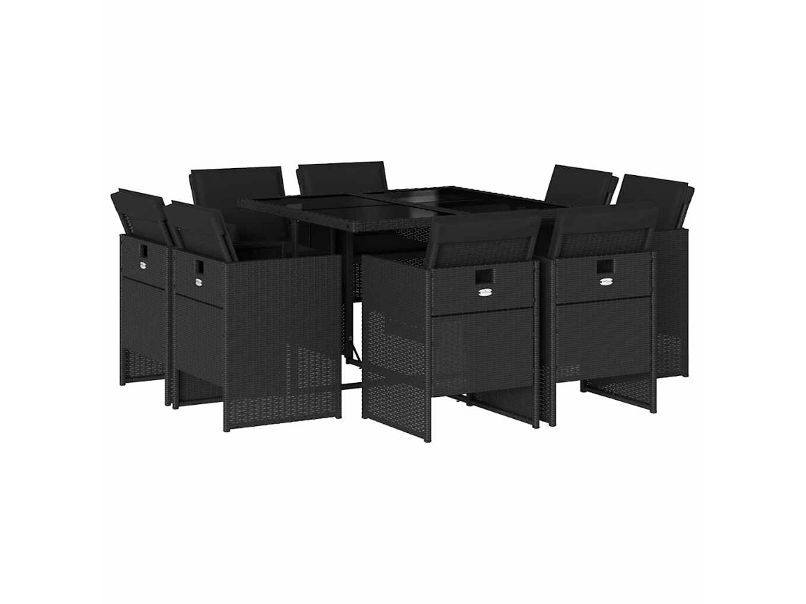Juego de 9 piezas de comedor de jardín con cojines de mimbre, color negro, EXCLUSIVA DE LA CASA
