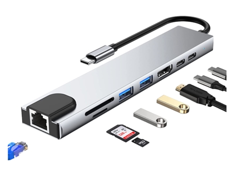 Adaptador USB C HUB HDMI, lector de tarjetas Ethernet tipo C, concentrador 8 en 1 con puerto HDMI 4K, 2 puertos USB 3.0, astilla BISBISOUS