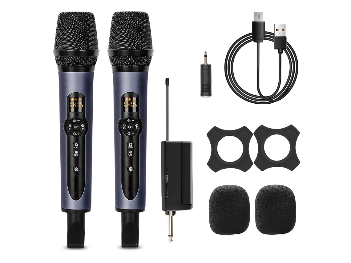 Sistema de micrófono inalámbrico UHF de doble canal, micrófonos dinámicos duales, alcance de transmisión de 50 metros. Mdug (dos juegos)