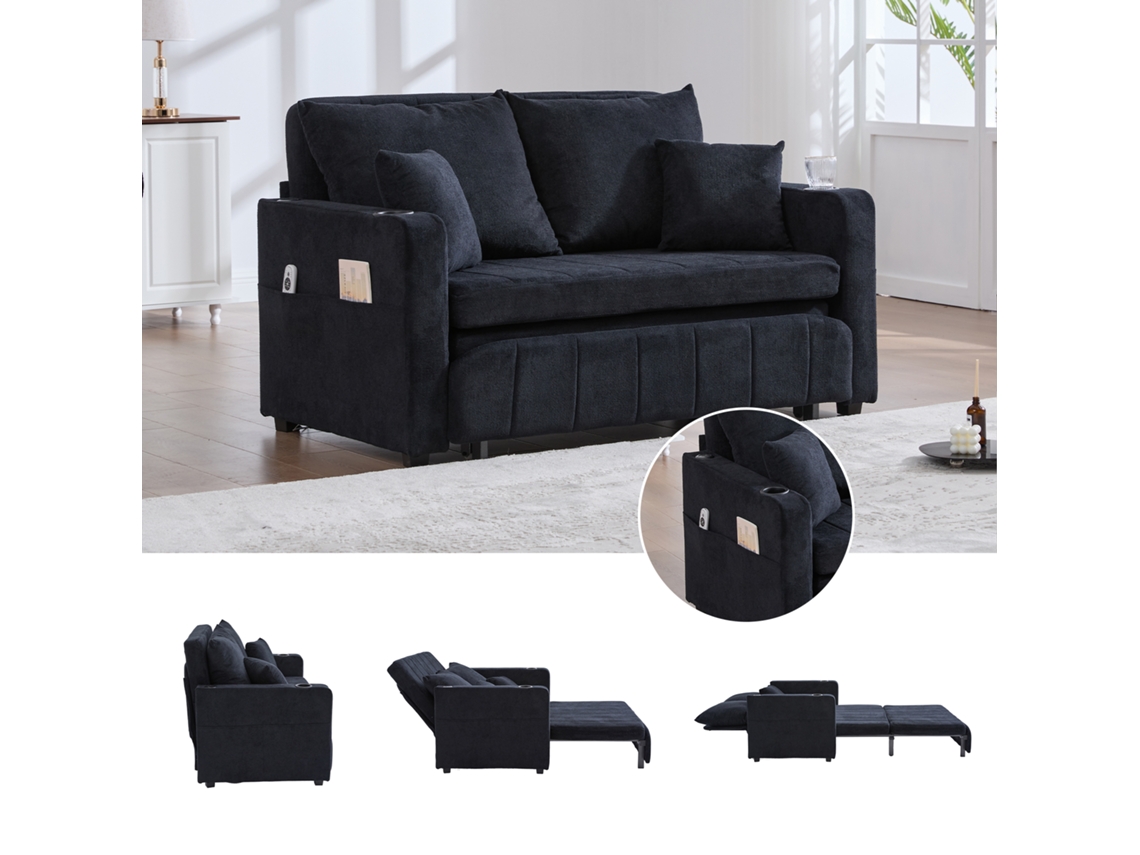 Sofá Cama Chenilla Con Usb Y Portavasos Negro
