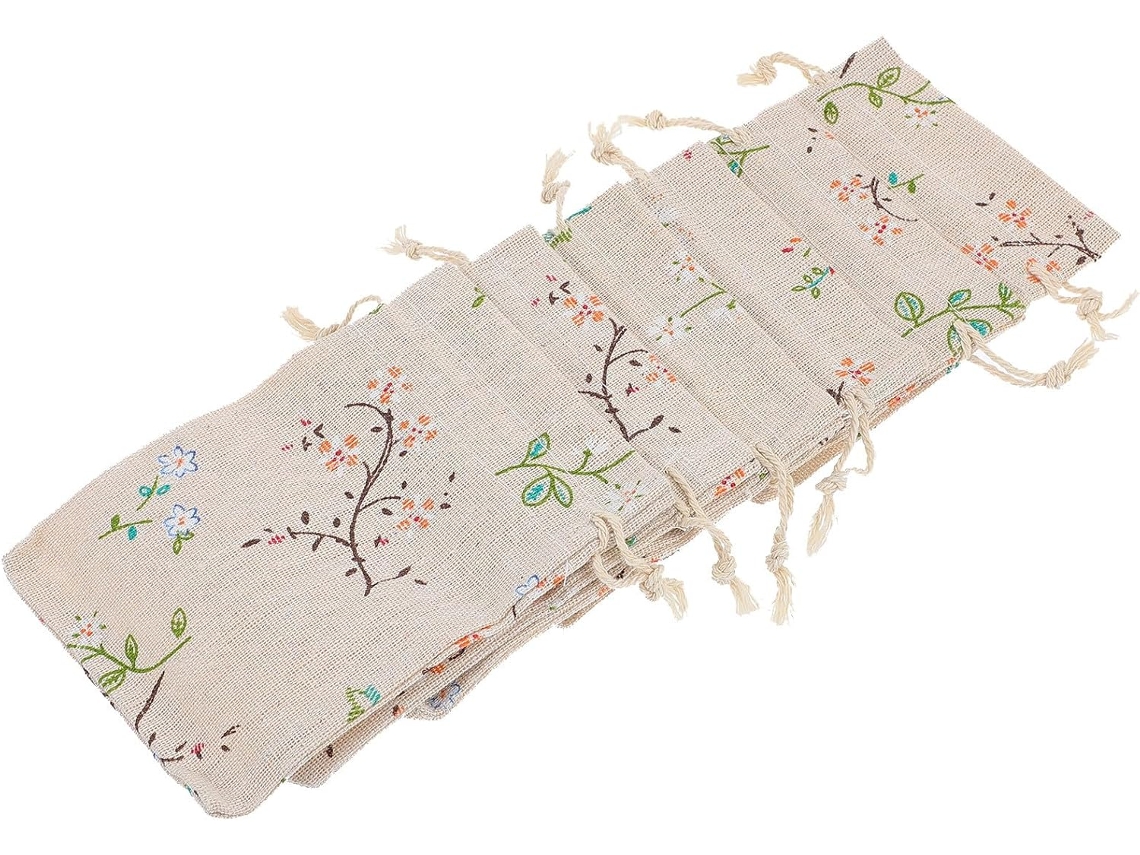 Sacos De Tecido Com Cordão E Estampa Floral, Pacote Com 50 Unidades, Reutilizáveis, Em Algodão E Linho.
