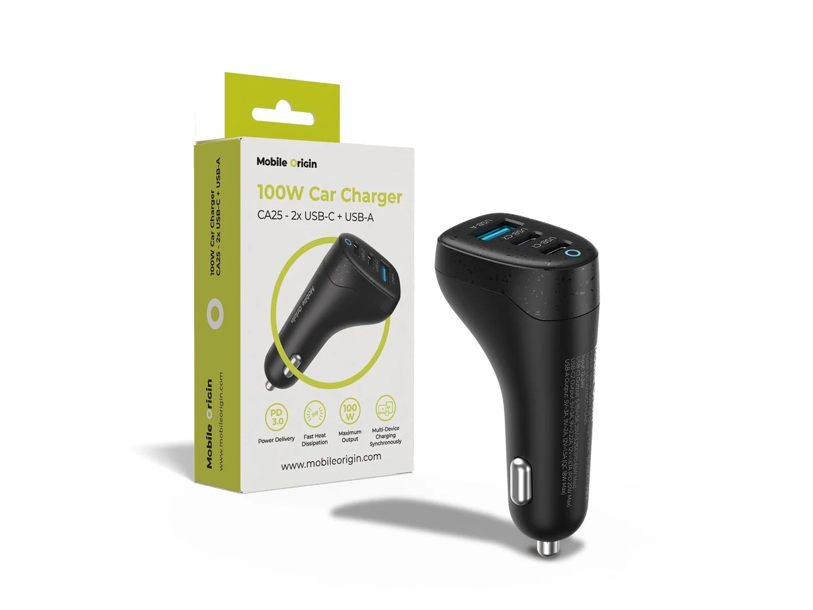 Cargador De Coche Mobile Origin Ca25 100w Con 2 Usb-c Y Usb-a