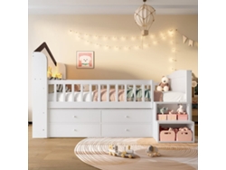Cama Semi Alta 90x200 Cm - Forma De Casa, Ventana, 4 Cajones, Barra Led, Escalera De Almacenamiento - Blanco