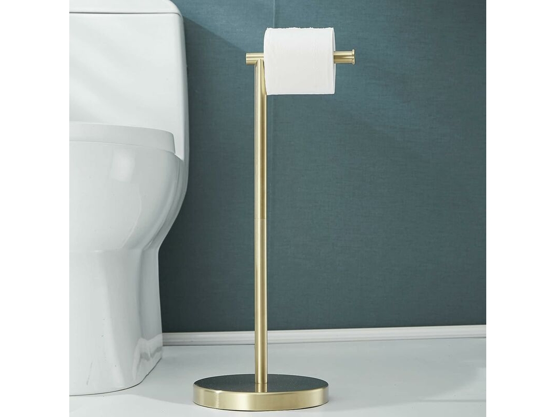 Elegante portarrollos de papel higiénico de acero inoxidable con acabado dorado cepillado de lujo, compacto y de pie, para un almacenamiento duradero.