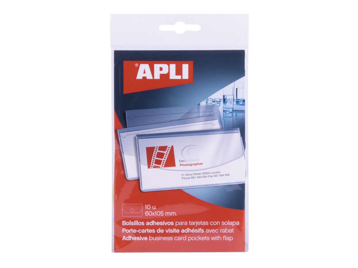 Tarjetero adhesivo Apli con solapa de cierre, paquete de 10, 100 x 60 mm, ideal para presentaciones impresas y dossiers