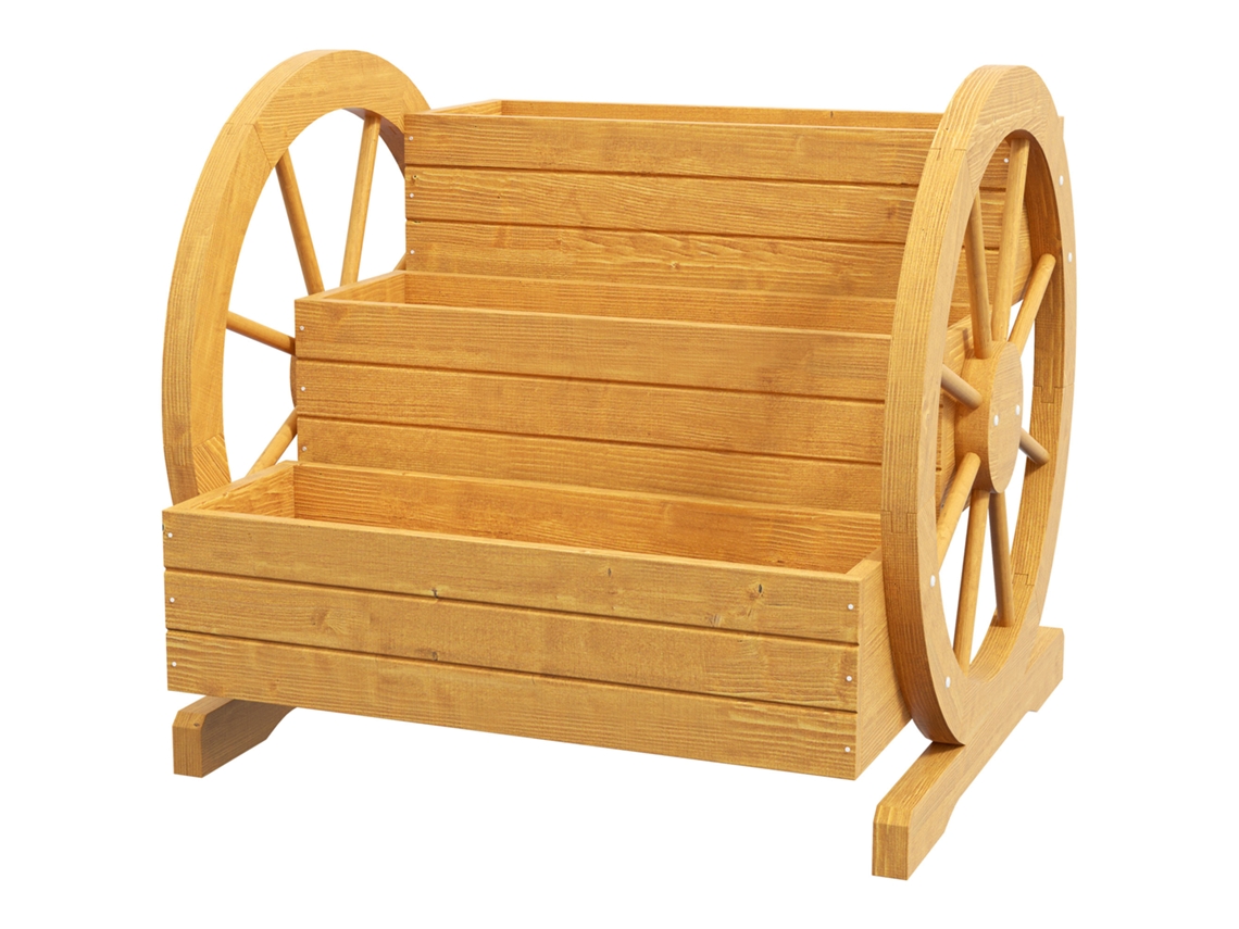 Macetero De 3 Niveles Con Forma De Rueda De Carro Y Drenaje, Madera De Abeto, 61 Cm.