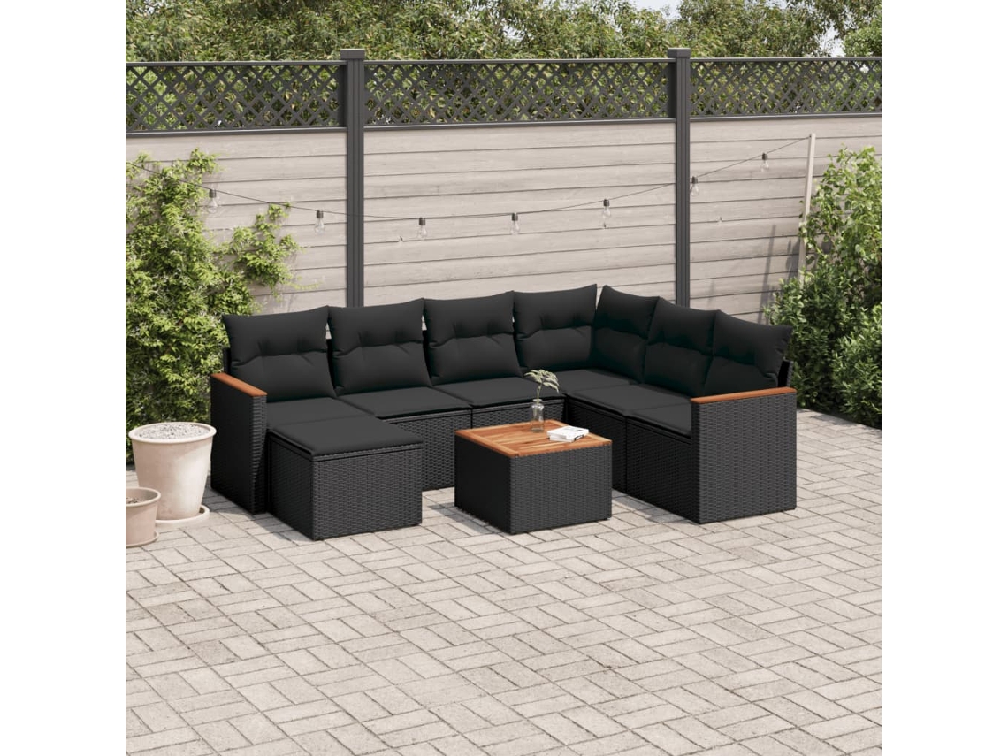 Conjunto de 8 sofás de jardín con cojines de mimbre sintético negro, Dkd Home Decor