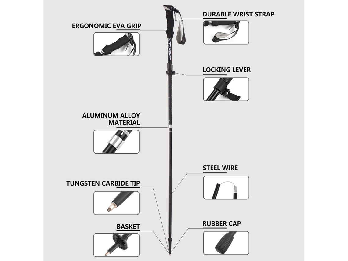 Bastón De Trekking Ligero Y Plegable De Aluminio Para Senderismo, Acampada Y Excursionismo, Ajustable De 110 A 130 Cm.
