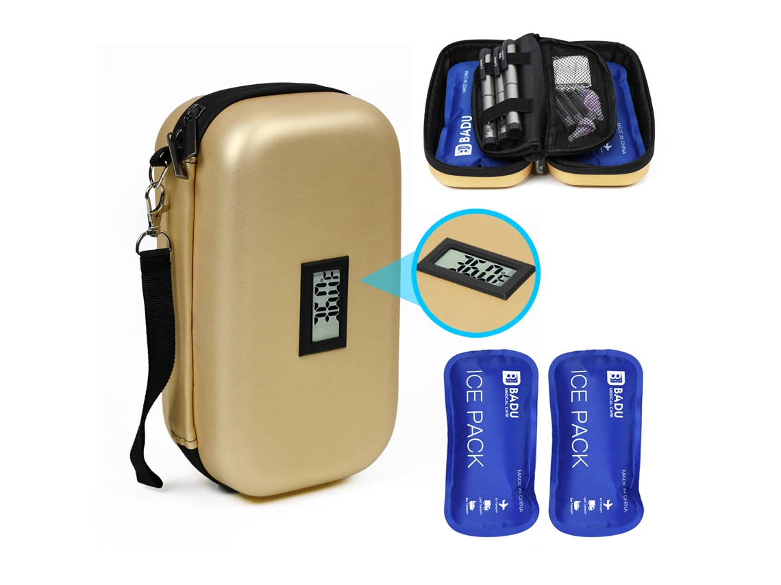 Caja térmica para insulina con indicador de temperatura y 2 bolsas de hielo para 24 horas. Champagne Hexinyigjly